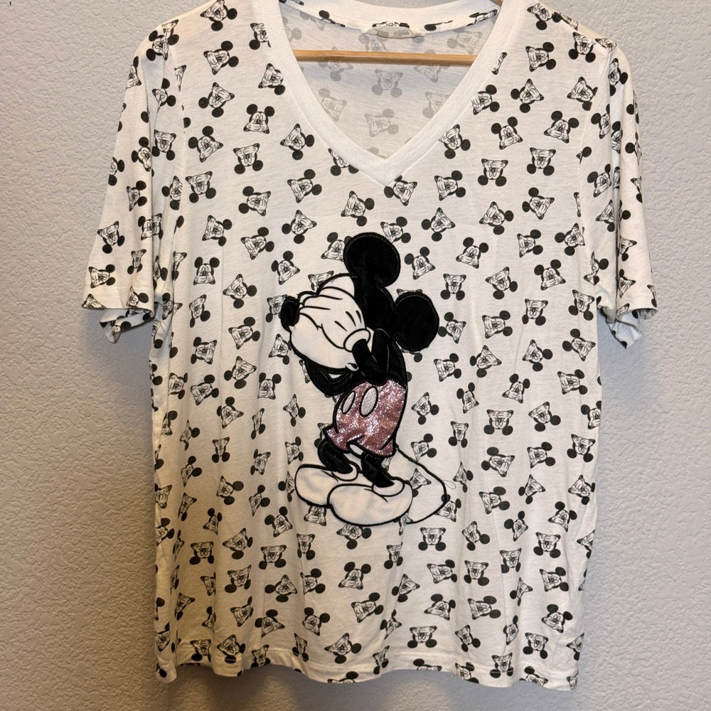 Disney Mickey Mouse Pajama Set Glitter Graphic Shorts Womens L White Black